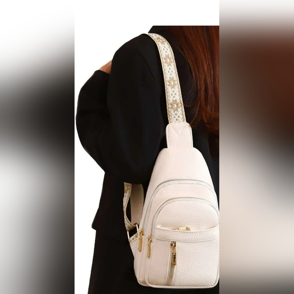 Adjustable Crossbody Sling Bag with Embroidered Guitar Strap In Cream - Picture 3 of 11